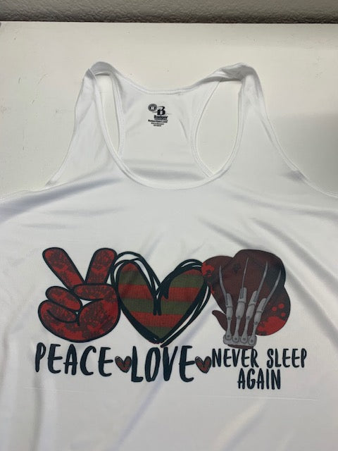 Peace, Love, Never sleep again polyester tank top or t shirt