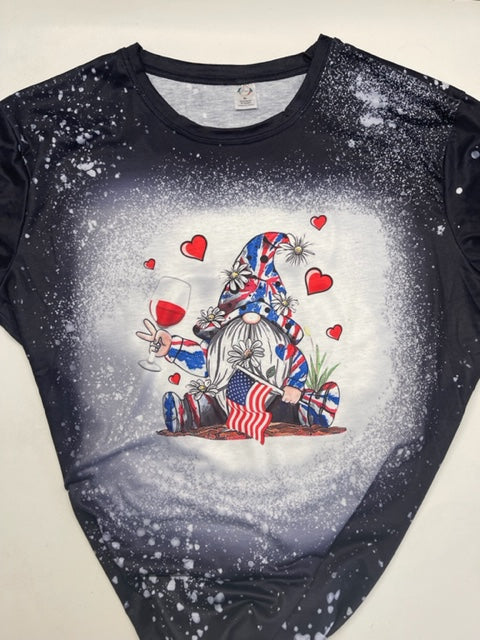 Gnome wine glass America shirt fourth of July faux bleach tee