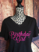 Birthday girl glitter bling v neck t shirt